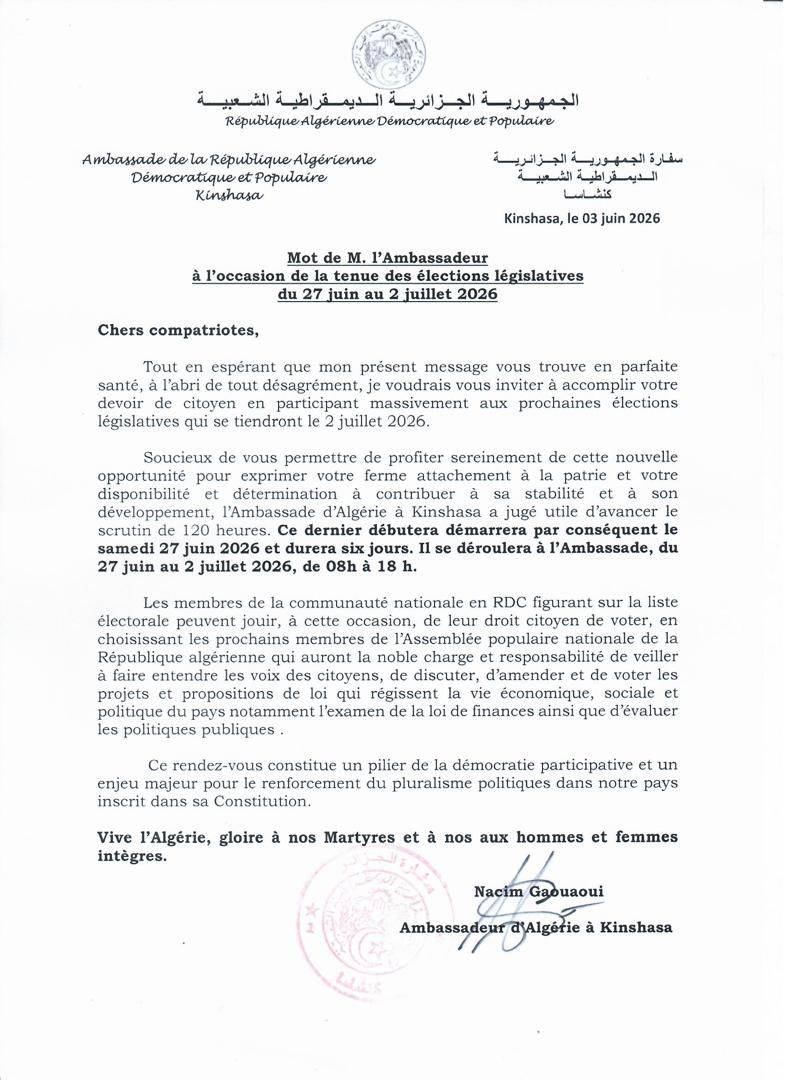 Mot de M. l' Ambassadeur à l'occasion de la tenue des élections législatives du 27 juin au 2 juillet 2026