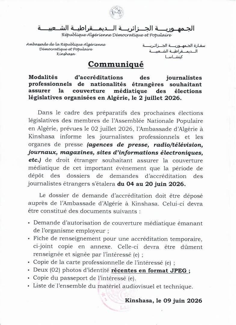 Modalités d'accréditation des journalistes professionnels de nationalités étrangères souhaitant assurer la couverture médiatique des élections législatives organisées en Algérie, le 2 juillet 2026